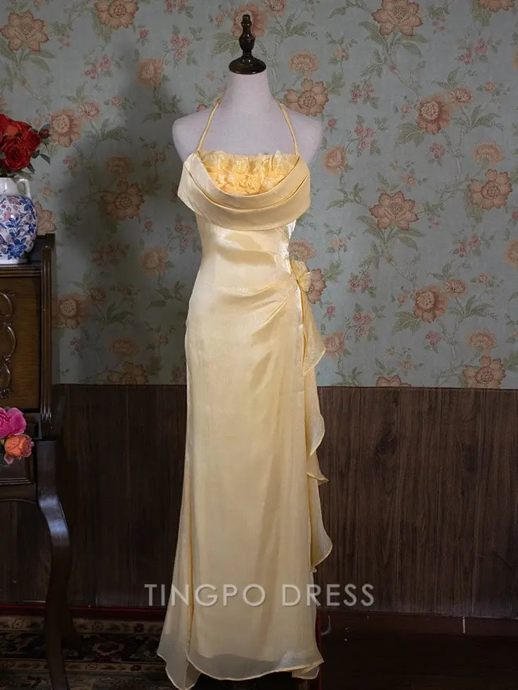 TingPo Wholesale Elegant Vintage Yellow Halter Neck Floral Prom Gown Fairy Princess Dress